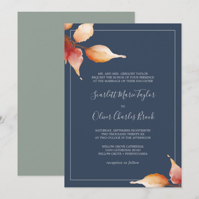 Invitation Feuilles automnales | Mariage officiel de la Marin (Devant / Derrière)