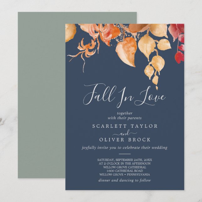 Invitation Feuilles automnales | Marine Bleu chute dans l'amo (Devant / Derrière)