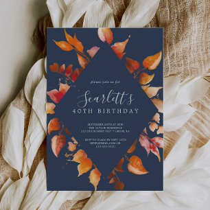 Invitation Feuilles automnales   Marine Bleue & Bourgogne 40e