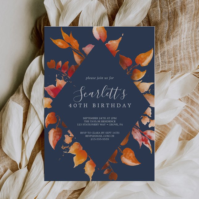 Invitation Feuilles automnales | Marine Bleue & Bourgogne 40e (Créateur téléchargé)