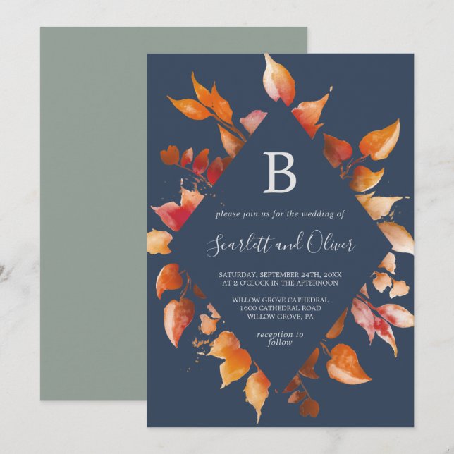 Invitation Feuilles automnales | Marine Blue & Burgundy Diamo (Devant / Derrière)