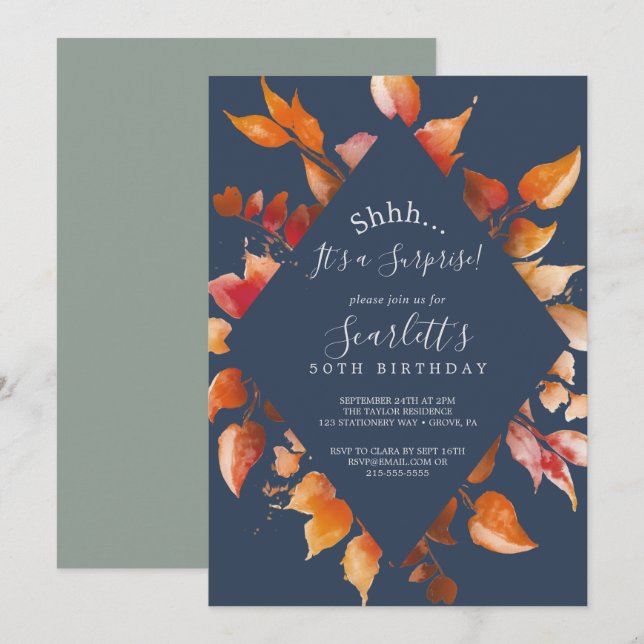 Invitation Feuilles automnales | Navy Blue & Burgundy Surpris (Devant / Derrière)