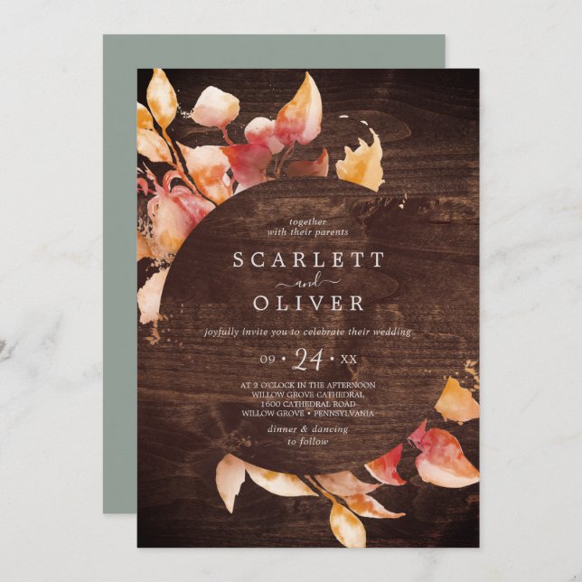 Invitation Feuilles automnales | Rustique Brown bois Mariage  (Devant / Derrière)
