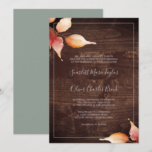 Invitation Feuilles automnales | Rustique Brown bois Mariage  (Devant / Derrière)