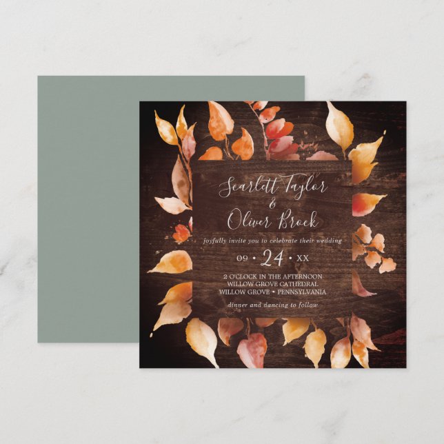 Invitation Feuilles automnales | Rustique Brown Carré Mariage (Devant / Derrière)