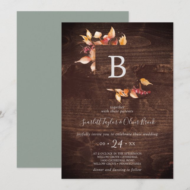 Invitation Feuilles automnales | Rustique Brown Mariage de mo (Devant / Derrière)