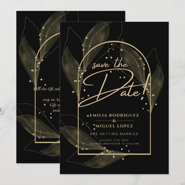 Invitation Feuilles Black Gold Moderne Mariage Enregistrer La (Devant / Derrière)