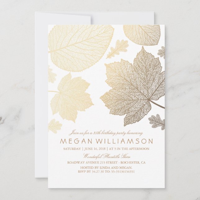 Invitation Feuilles blancs et or automne fête d'anniversaire (Devant)