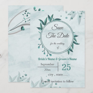 Invitation feuilles bleues floral botanique save the date