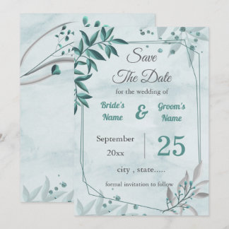 Invitation feuilles bleues floral botanique save the date