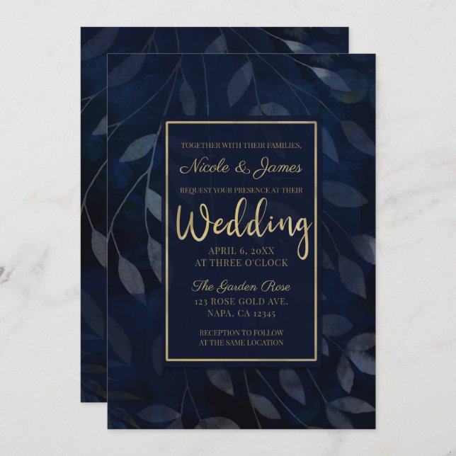Invitation Feuilles botaniques bleu foncé mariage chic modern (Devant / Derrière)