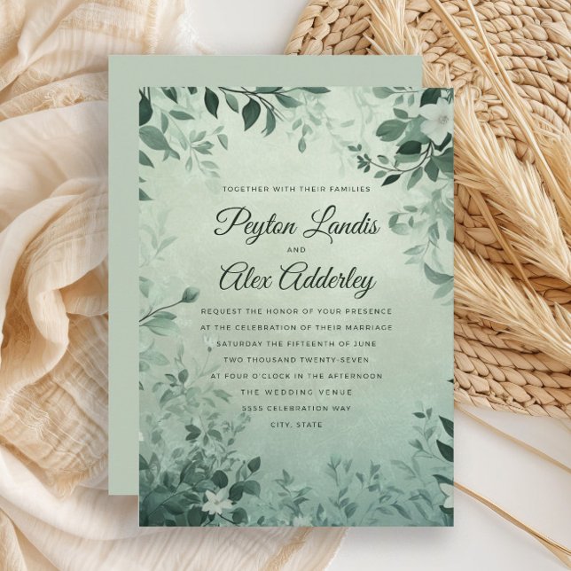 Invitation Feuilles botaniques  de Sage Mariage d'aquarelle (Sage green leaves botanical wedding invitation)