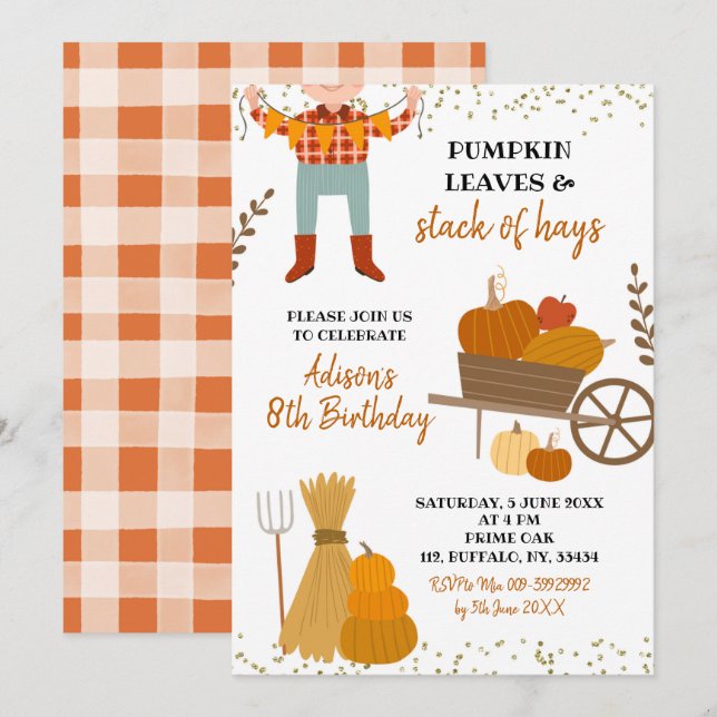 Invitation Feuilles citrouilles et piles de Hay Birthday Invi (Devant / Derrière)