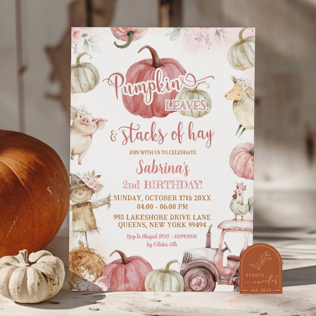 Invitation Feuilles Citrouilles roses et piles de Hay Birthda (Créateur téléchargé)