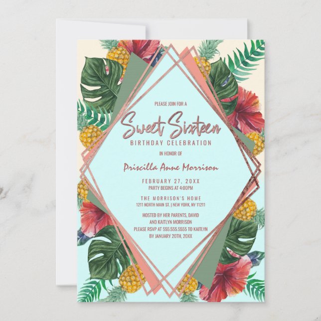 Invitation Feuilles d'ananas tropicaux Floral Sweet 16 (Devant)