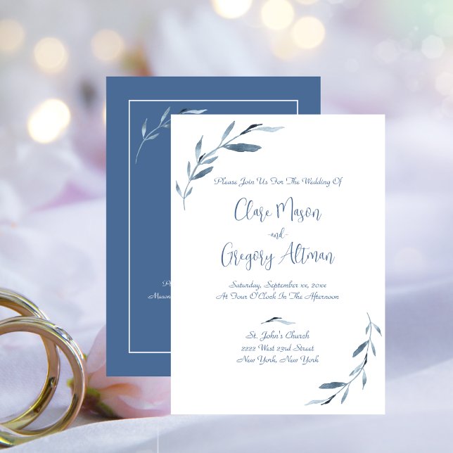 Invitation Feuilles d'aquarelle bleu et blanc avec RSVP (Blue and White Watercolor Leaves Wedding With RSVP Invitation)