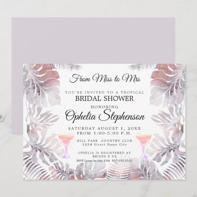 Invitation Feuilles d'aquarelle en rose Rose et mauve (Devant / Derrière)