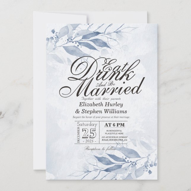 Invitation Feuilles d'aquarelle MANGER Boire & Être Marié Mar (Devant)