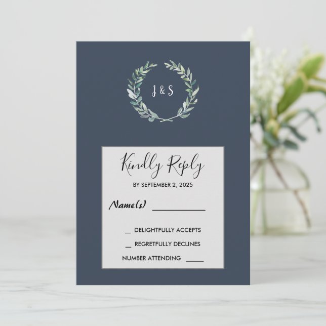 Invitation Feuilles d'aquarelle sur bleu marine monogrammed R (Debout devant)