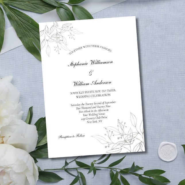 Invitation Feuilles d'argent Élégant Formel Moderne Chic Mari (Silver Leaves Floral Botanical Wedding Invitation, Modern Minimalist Printed or Digital Download)