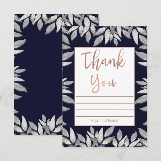 Invitation Feuilles d'argent Glam botanique bleu rose Merci (Devant / Derrière)