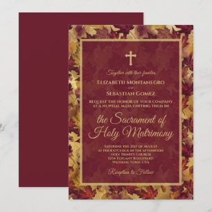 Invitation Feuilles d'automne Bourguigne et Or Mariage Cathol