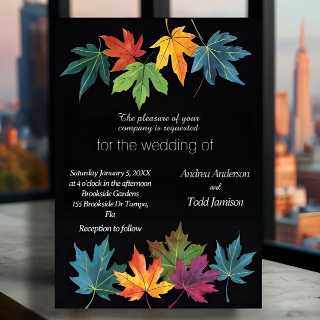 Invitation Feuilles d'automne contraste noir mariage (Créateur téléchargé)
