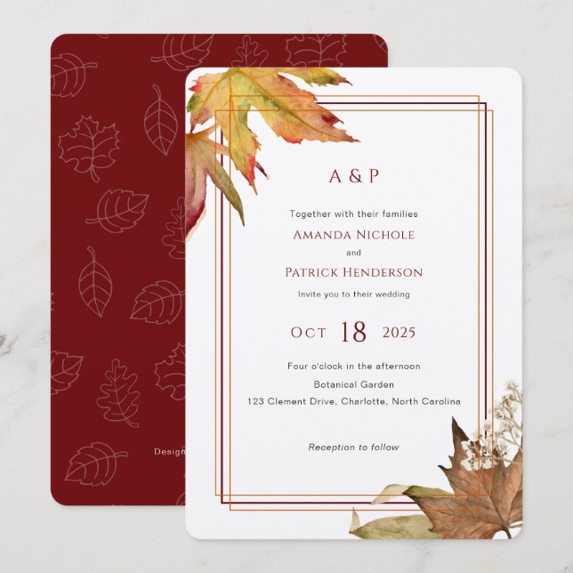 Invitation Feuilles d'automne d'aquarelle moderne, Mariage de (Devant / Derrière)