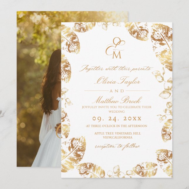 Invitation Feuilles d'automne de Boho | Mariage élégant (Devant / Derrière)