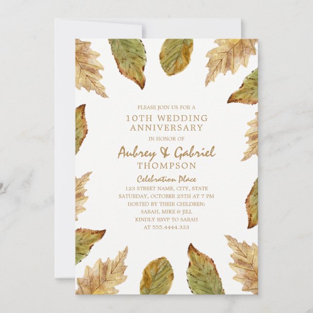 Invitation Feuilles d'automne élégantes 10 ans de mariage (Devant)