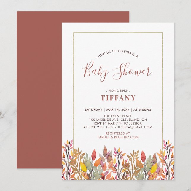 Invitation Feuilles d'automne et Baby shower d'or, sauterelle (Devant / Derrière)