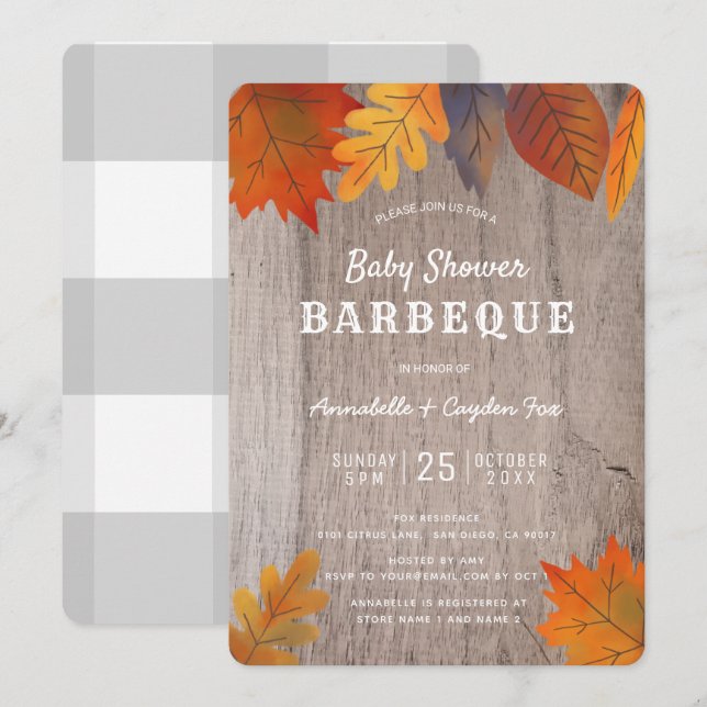 Invitation Feuilles d'automne et couples de bois Baby shower  (Devant / Derrière)