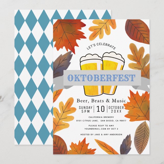 Invitation Feuilles d'automne et fête de la bière Oktoberfest (Devant / Derrière)