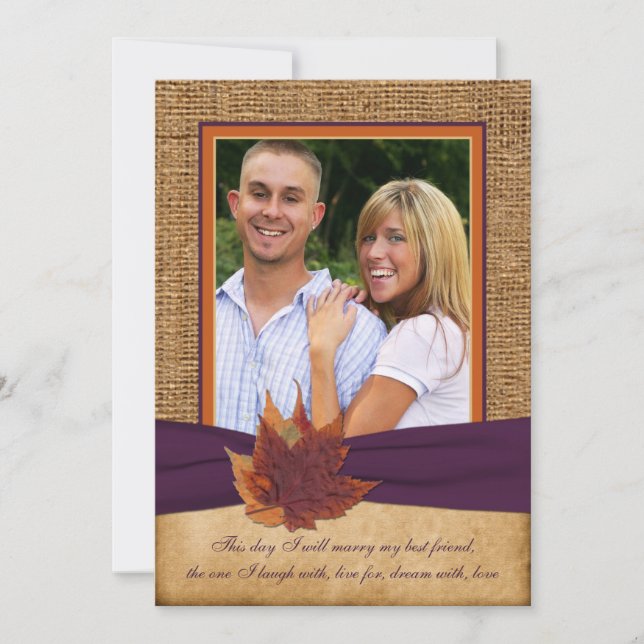 Invitation Feuilles d'automne, FAUX Burlap PHOTO Wedding Invi (Devant)