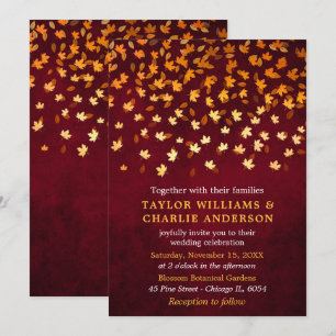 Invitation Feuilles d'automne Grunge Gold et Mariage rouge