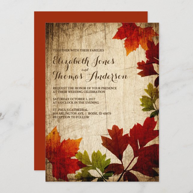 Invitation Feuilles d'automne sur Mariage de automne rustique (Devant / Derrière)