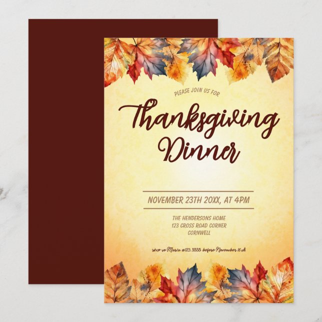 Invitation Feuilles d'automne Thanksgiving Dîner (Devant / Derrière)