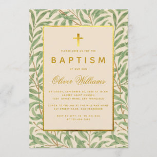 Invitation Feuilles de Baptism Green, Croix fausse or, Saule 