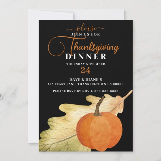 Invitation Feuilles de chêne et Citrouille sur le dîner Black (Devant)