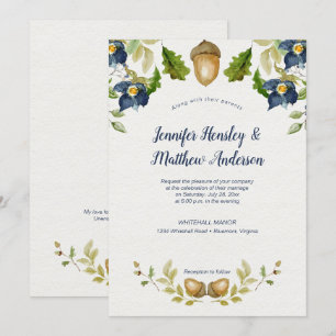 Invitation Feuilles de chêne floral bleu Acorns Mariage 