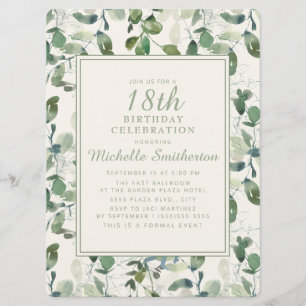 Invitation Feuilles de eucalyptus vert élégant 18ème annivers