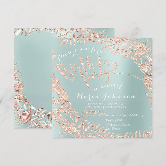 Invitation Feuilles de fête d'anniversaire Wreath Tiffany Aqu (Devant / Derrière)