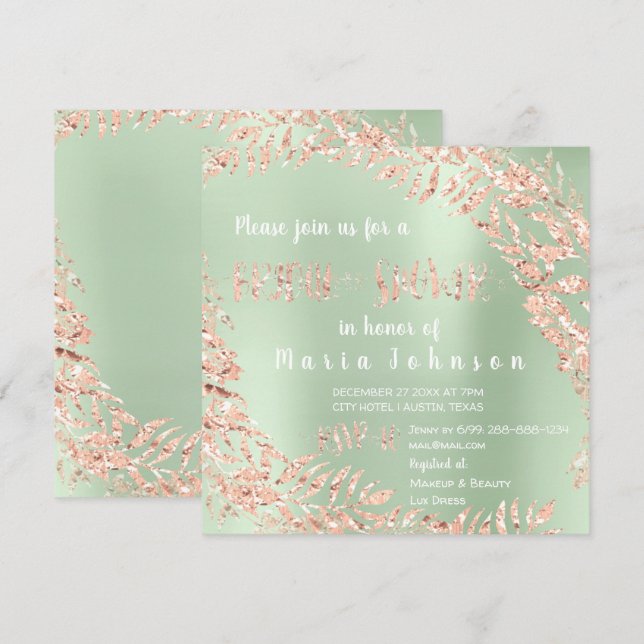 Invitation Feuilles de Fête des mariées vert menthe rose rose (Devant / Derrière)