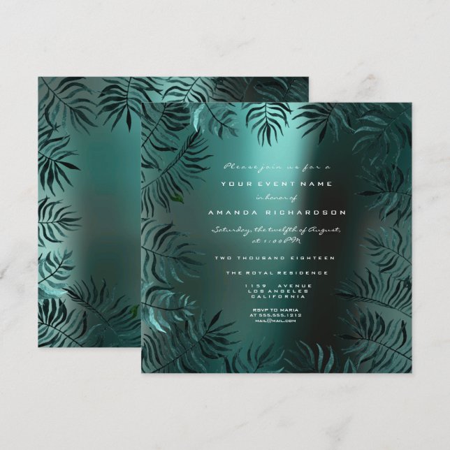 Invitation Feuilles de fougère cristaux encadrés Turquoise Aq (Devant / Derrière)