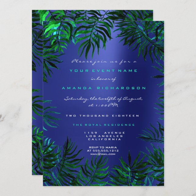 Invitation Feuilles de fougère tropicales encadrées sarcelle  (Devant / Derrière)