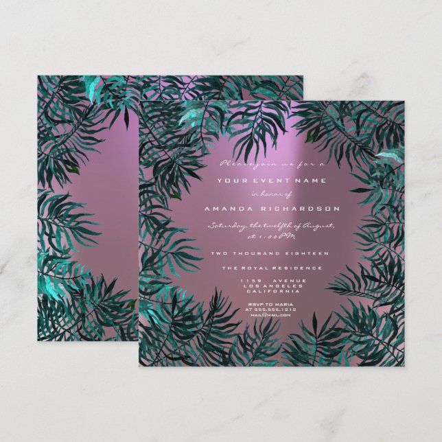 Invitation Feuilles de fougères cristaux encadrés Turquoise v (Devant / Derrière)