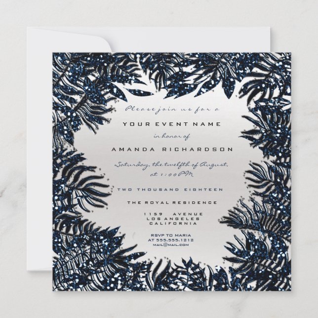Invitation Feuilles de fougères encadrées Métallo Bleu Marine (Devant)