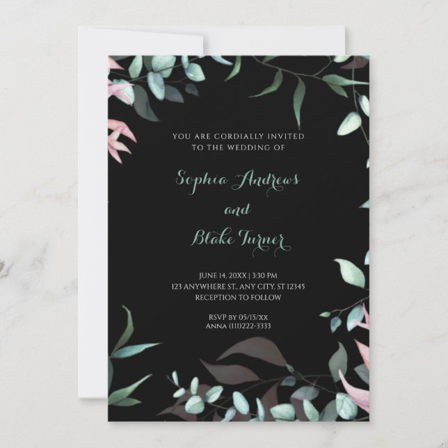Invitation Feuilles de jardin vert et rose moderne Mariage (Devant)