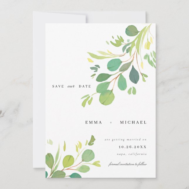 Invitation Feuilles de l'Eucalyptus Aquarelle Enregistrer la  (Devant)