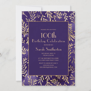 Invitation Feuilles de luxe violettes et dorées pour 100e ann